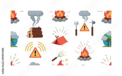 climate pollution alert symbols seamless pattern, repeating pattern, surface design, textile print, modern illustration of alert badges, smog clouds,