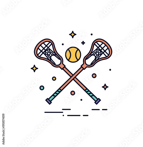 Lacrosse team spirit lacrosse stick crossed with another stick behind a ball forming a small emblem that symbolizes teamwork and competition. Tiny stars and
