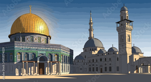 Iconic Golden Dome of the Rock and Al-Aqsa Mosque complex in Jerusalem, showcasing Islamic architecture