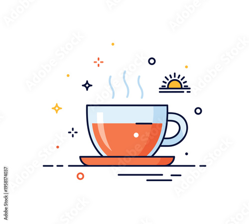 Grounding ritual with morning routine illustrated by a cup of tea placed on a stable surface with soft steam lines and a tiny rising sun icon, expressing