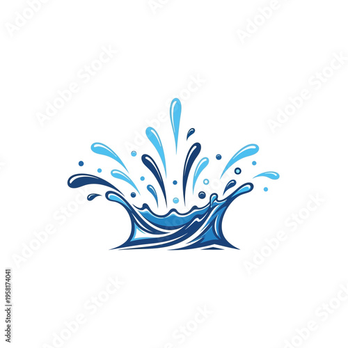 Dynamic flat design water splash logo with fresh blue droplets creating an invigorating liquid crown effect, perfect for branding and aquatic themes