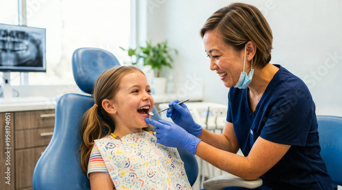 Obraz na płótnie Female dentist examining young girl's teeth in dental chair. Smiling child during dental checkup in clinic. Pediatric dentistry concept
