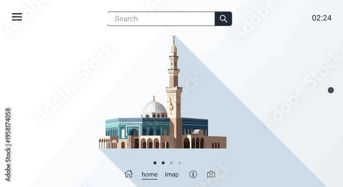 A beautiful Islamic mosque with a dome and minarets, rendered in a flat design style, set against a light background with a subtle geometric pattern