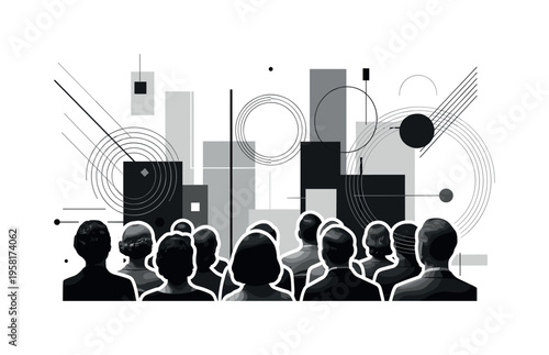 audience viewing live stream, geometric lines circles and abstract blocks symbolizing connection and engagement, black and white retro realistic figures