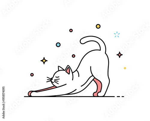 Cat stretching routine showing a relaxed cat arching its back while waking from a nap. The scene represents everyday feline behavior and the comfort of a calm