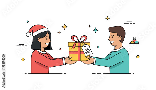 Christmas gift exchange moment two friends smiling as a wrapped present changes hands while a small tag reading For You hangs from the ribbon, festive sparkles