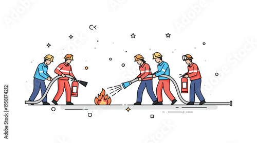 Emergency response team showing a team of responders using fire extinguishers and hoses to control a small blaze, highlighting teamwork, preparedness, and