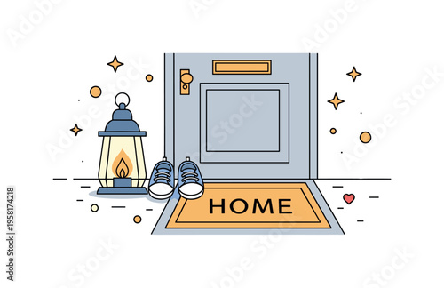 Quiet family moment with little baby shoes placed near a doorstep lantern and a simple doormat that says ?Home?. Warm symbolic scene representing safety, love,