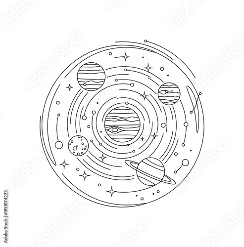 Cosmic View. Minimalistic one-line drawing telescope perspective of planets and star clusters in space, continuous single black line on white background,