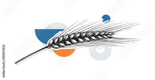 black and white wheat spikelet with delicate grains arranged along the stem, white cut-out outline around the spikelet, abstract circles and semicircles