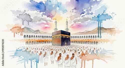 Pilgrims in white robes gather.