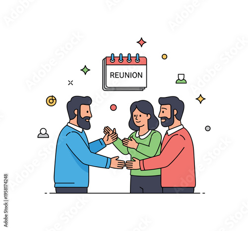 Reconnecting with old friends two adults greeting each other with open arms while a small calendar page marked Reunion floats above them. The illustration