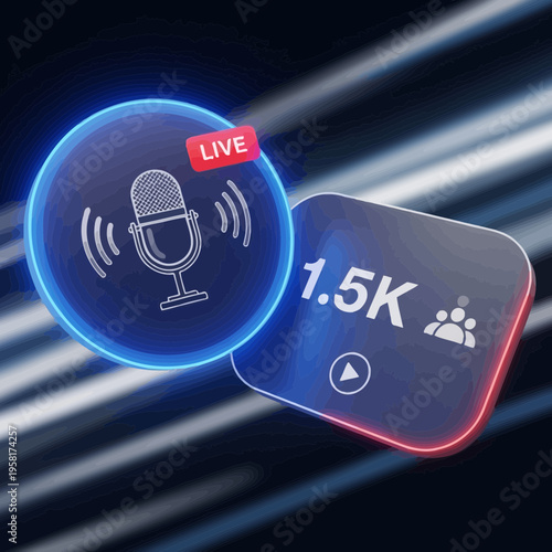 Compelling 3D visual showcasing a live podcast or broadcast event, highlighting audience engagement with a vibrant microphone and viewer count for digital content creators