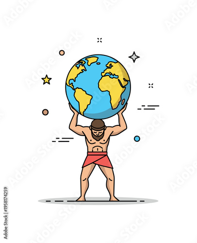 Atlas symbol of endurance powerful mythic character carrying the globe above his shoulders while standing firmly in a balanced pose. The scene reflects
