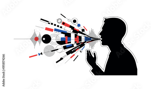 person speaking with large geometric sound waves abstract circles lines and blocks spreading outward symbolizing influence of ideas black and white retro human
