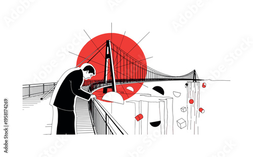 black and white retro figure looking down from a suspension bridge walkway, person cut out with white contour outline, bold red circle behind the bridge