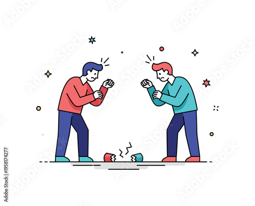 Friends having a disagreement shown with two figures in opposing stances, small visual cues like tiny sparks and subtle broken objects suggesting minor