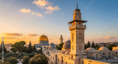 Majestic Dome of the Rock and Al-Aqsa Mosque in Jerusalem at Sunrise, a Sacred Islamic Landmark