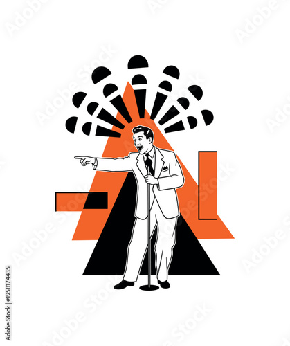 black-and-white retro comedian pointing toward the audience while performing, abstract semicircles radiating like laughter bursts, bold orange and black