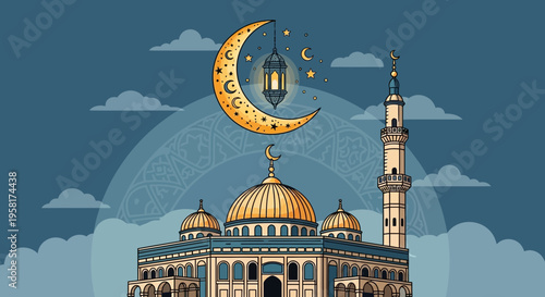 Majestic Islamic mosque with a glowing crescent moon and ornate lantern against a beautiful night sky, symbolizing spirituality and celebration