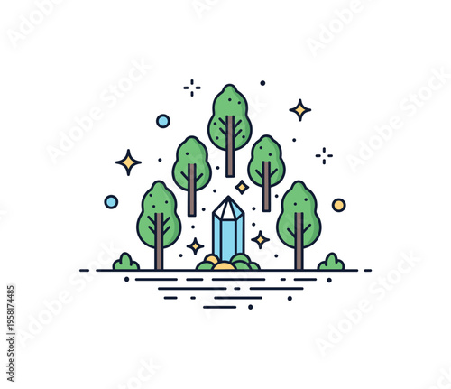 Enchanted woodland badge with a cluster of small trees surrounding a glowing crystal and subtle sparkle accents. Magical nature symbol suggesting fantasy
