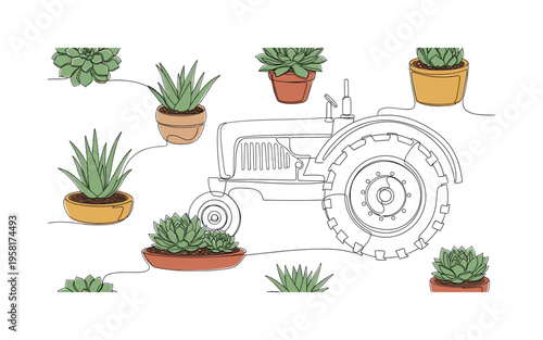 decorative succulent motifs seamless pattern, echeveria, aloe, crassula, small planters, soil and pebbles arranged in a repeating pattern, white background