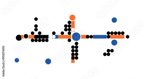 A monochrome top-view composition of scattered circular shapes arranged rhythmically like a stylized ball pit, abstract blocks and thin grid lines adding order