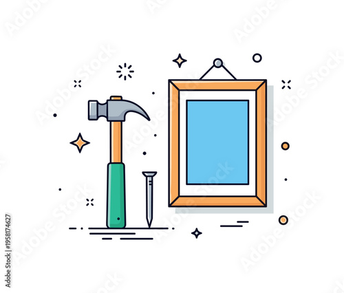 DIY picture hanging tools like a hammer and nail placed beside a simple picture frame ready to be mounted on the wall. Illustration expressing practical home