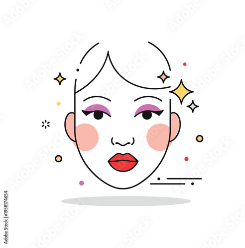 Dance recital makeup style centered on a stylized performer face with defined blush and bright lipstick, paired with a subtle sparkle accent to emphasize stage