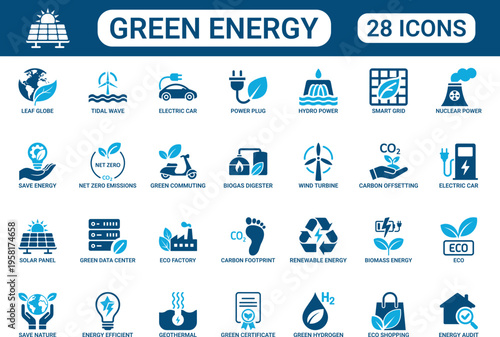 Green Energy and Sustainability Icon Set with Solar Panel Wind Turbine Electric Car Net Zero Emissions Renewable Power Smart Grid Carbon Footprint Eco Technology Symbols for Climate Awareness