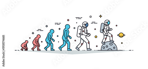 Human progress toward the cosmos evolutionary silhouettes leading to an astronaut stepping onto a small planetary surface. Concept expressing humanity?s long