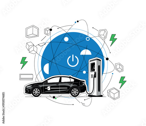 black and white electric car parked beside a charging pillar with glowing cable connection, large green circle behind the charger symbolizing eco energy, thin