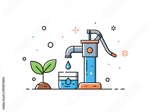 Community water well concept with a small hand pump delivering clean water drops into a container while a plant grows nearby. Hopeful environmental scene
