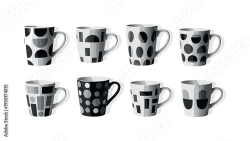 collection of painted mugs, geometric circles semicircles and abstract blocks emphasizing variety and pattern, black and white retro realistic mugs arranged in