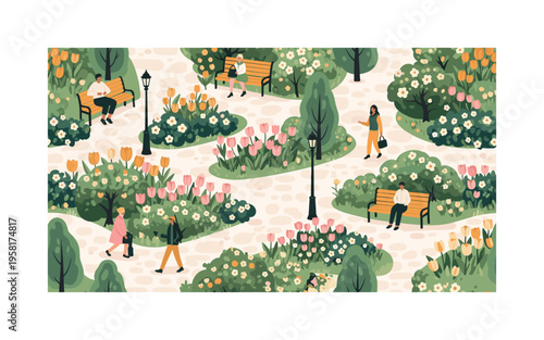 Blooming garden promenade seamless pattern, flowering bushes tulips pathways benches and strolling people arranged in a repeating pattern, white background