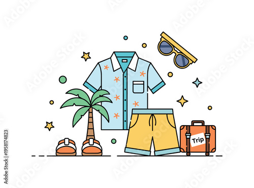 Vacation ready summer outfit centered on a breezy shirt, shorts, sandals, and a small suitcase icon marked ?Trip?. The composition expresses excitement for
