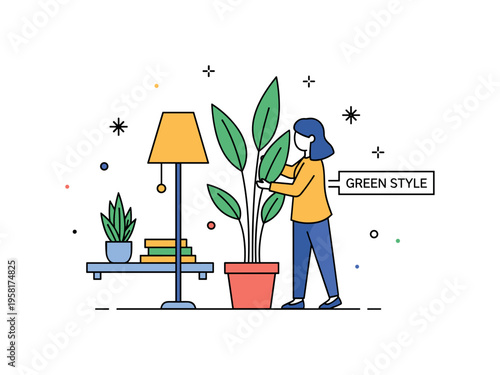 Plant styling for interiors designer adjusting the position of a tall potted plant beside a lamp and shelf while a small label reads Green Style. The scene