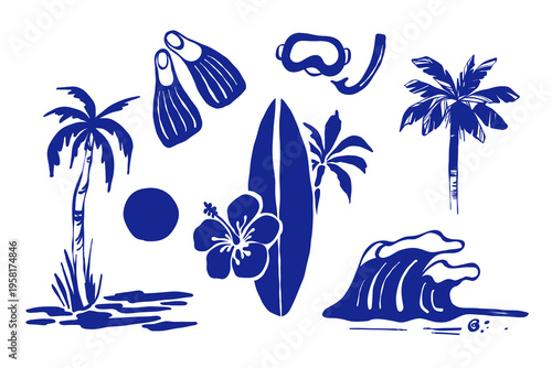Set of hand drawn summer illustrations on the beach and  diving