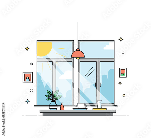 Sunlight through large windows modern room with tall windows where soft rays spread across a table and decorative objects creating a calm airy environment. The