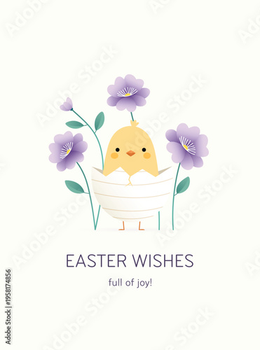 Easter wishes greeting card vector illustration with a cute chick in an eggshell surrounded by purple flowers.