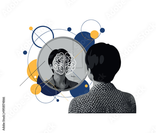 black-and-white person looking into a mirror where a simplified brain icon appears, geometric circles and lines representing introspection and awareness, deep