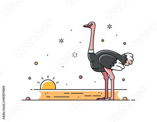 Ostriches tall desert birds standing proudly on long legs while a small sun and sandy ground create a simple savanna landscape. The scene highlights the unique