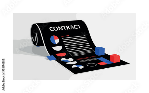 rolled contract opening on table abstract circles semicircles lines and geometric blocks symbolizing legal agreement black and white retro contract paper with