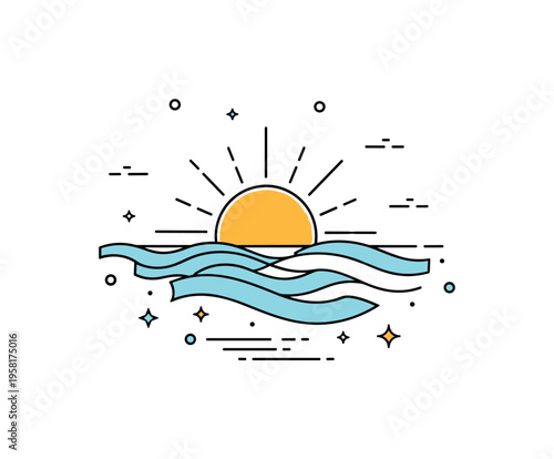 Sun over ocean horizon bright sun rising above the distant sea while gentle wave shapes form a quiet coastal rhythm. Illustration capturing the peaceful