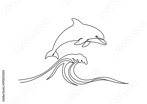 Playful Dolphin. Minimalistic one-line drawing dolphin jumping near waves in playful motion, continuous single black line on white background, simple outline