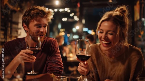 Young couple shares laughter during a romantic dinner at a cozy cafe, enjoying good food and wine on a warm evening