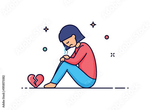 Emotional pain reflection solitary figure sitting quietly while a small cracked heart icon rests beside them. Calm visual metaphor of internal struggle and