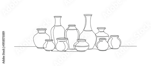 Pottery Collection. Minimalistic one-line drawing group of ceramic vases and small pots displayed together on a surface, continuous single black line on white