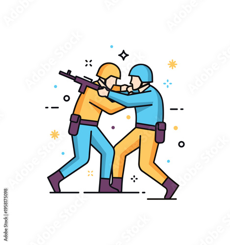 Combat grapple scene two soldiers locked together in a forceful struggle, body movement forming a tight circular composition that communicates urgency and