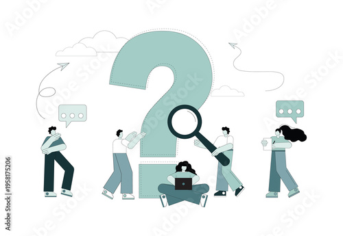 FAQ. Question. People around the question mark are looking for an answer. A solution to a problem, a question